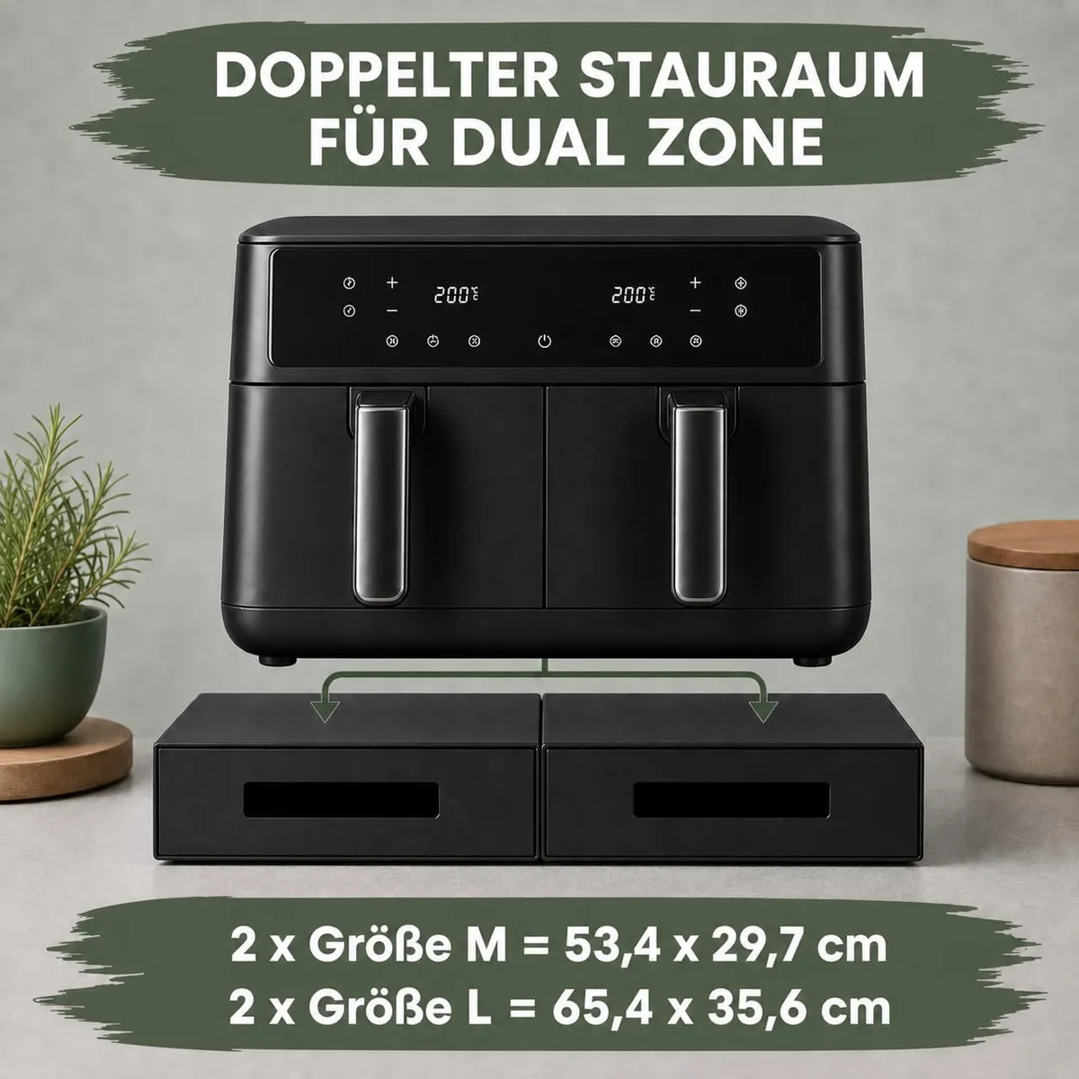 Dual-Zone-Airfryer steht auf zwei nebeneinander gestellten WUNI Boxen, Maße für zwei Boxen M und L