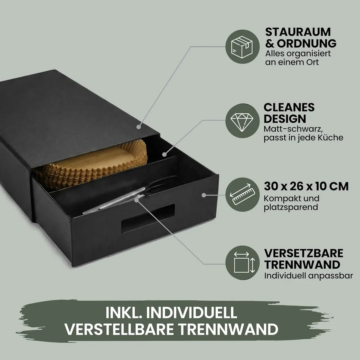 WUNI Box mit offener Schublade und Symbolen für Stauraum, mattes Design, Maße und versetzbare Trennwand