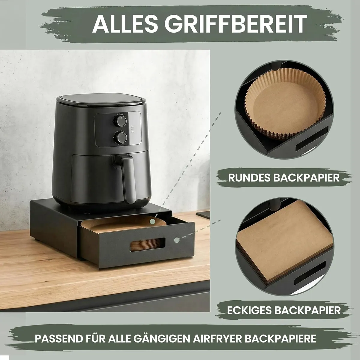 Airfryer auf der WUNI Box mit offener Schublade, daneben rundes und eckiges Backpapier in der Schublade