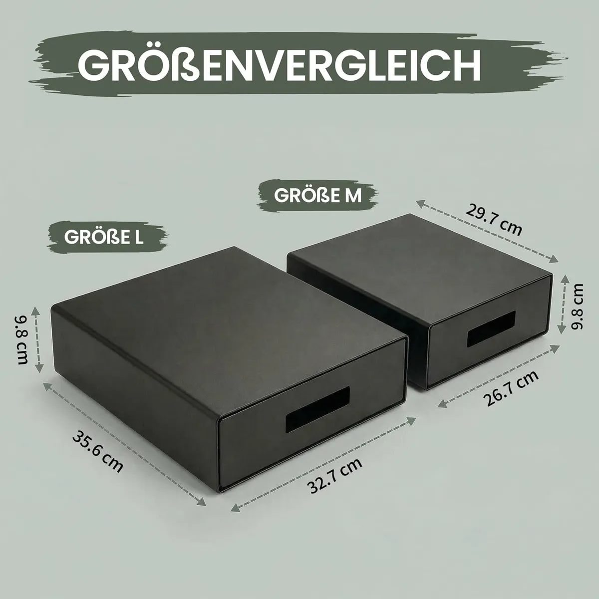 Größenvergleich der WUNI Air Fryer Box: Größe L 32,7 × 35,6 × 9,8 cm und Größe M 26,7 × 29,7 × 9,8 cm