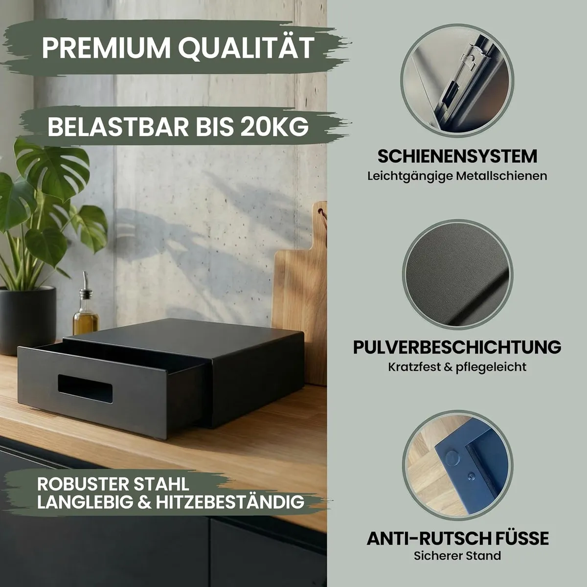 WUNI Box auf einer Arbeitsplatte, daneben Detailansichten von Schienensystem, Pulverbeschichtung und Gleitern