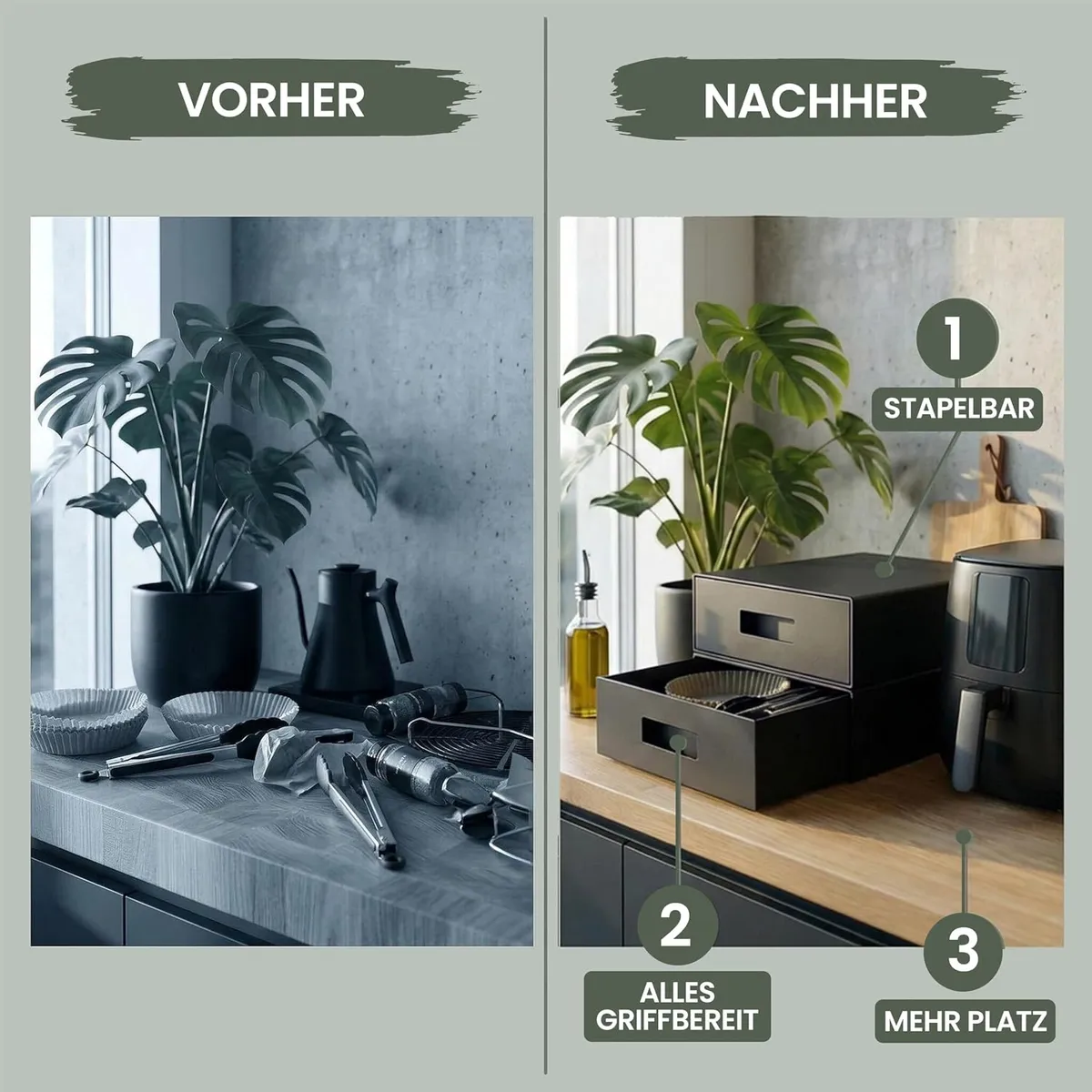 Vorher und nachher: Küchenecke mit verstreutem Zubehör neben dem Airfryer, danach mit zwei gestapelten WUNI Boxen, Airfryer obenauf und freier Fläche